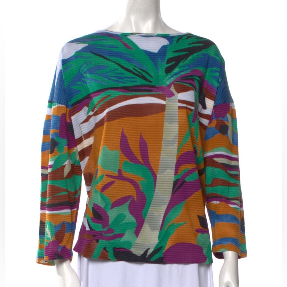 Vintage 90s Missoni Sport Striped Palm Tree Top Bateau Neckline Semi-Sheer Shirt